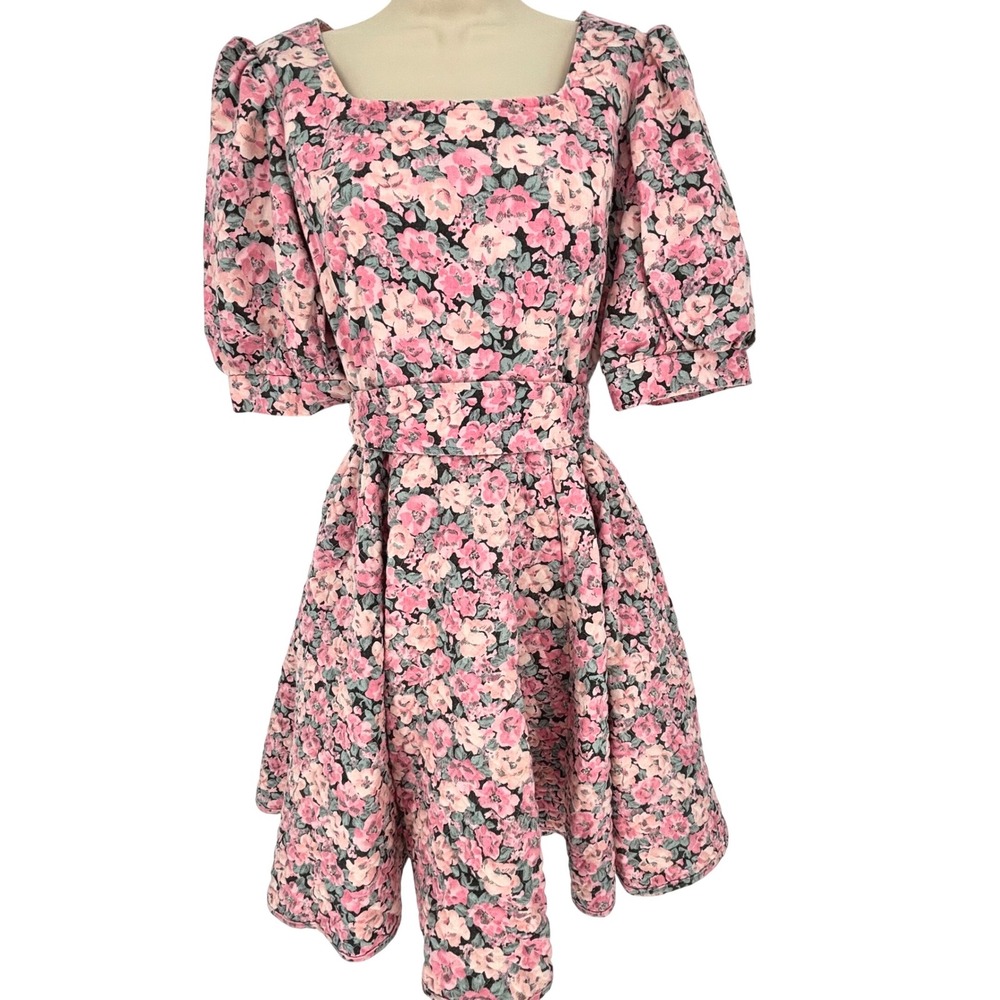 Vintage Square Dance Dress Co Pink Floral Puff Sleeve Square Neck Mini Dress 16
